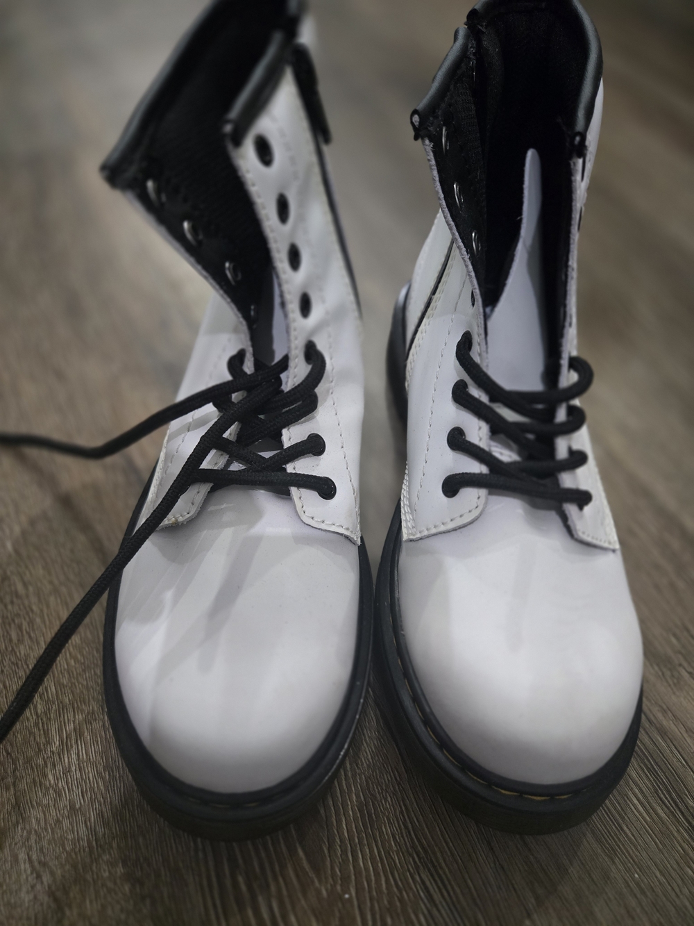 Dr. Martens White Leather Combat Boots with Black Laces